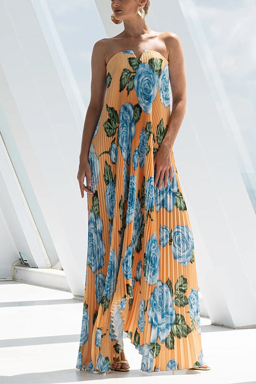 Strapless Irregular Hem Floral Print Pleated Maxi Dress